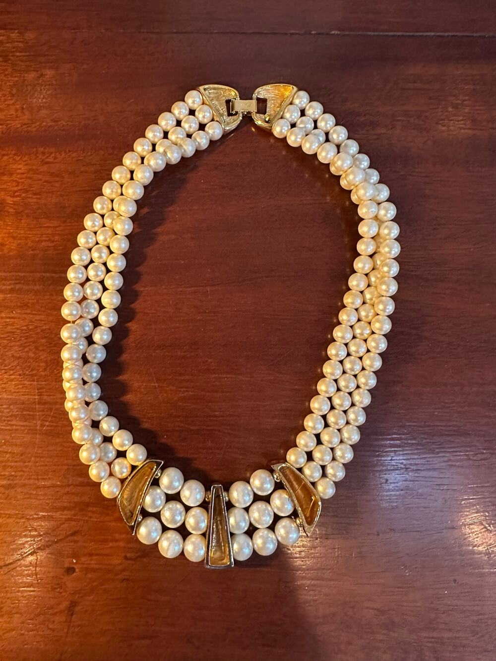 Napier Triple Strand Faux Pearl Statement Necklace Vintage Retro Classic Jewelry